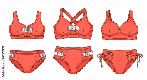 A vector graphic illustration of various coral-colored women's swimwear pieces, including bikinis and swimsuits, arranged on a clean white background.