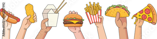 Cartoon, fast, food, hands, holding, burger, pizza, hotdog, fries, taco, snack, meal, junkfood, takeaway, illustration, colorful, eating, set, vector, tasty