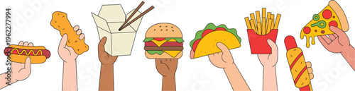 Cartoon, fast, food, hands, holding, burger, pizza, hotdog, fries, taco, snack, meal, junkfood, takeaway, illustration, colorful, eating, set, vector, delicious