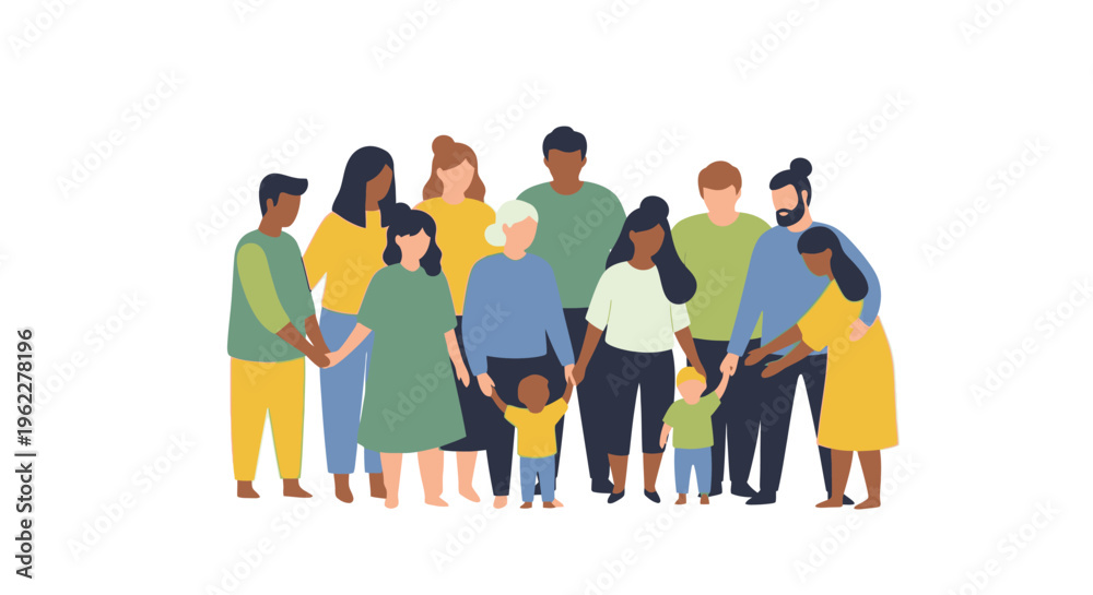 Obraz premium Diverse Group of People Holding Hands Illustrating Unity, Community, and Inclusivity Across Generations and Cultures