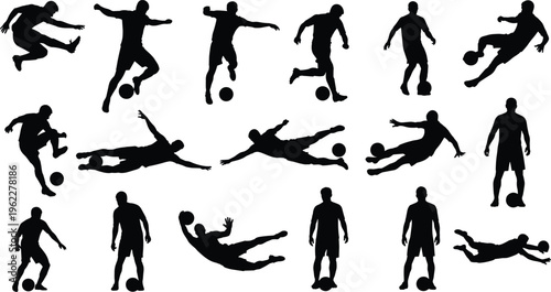 Soccer player silhouettes collection featuring kicking, dribbling, jumping, and goalkeeper save actions, black vector set isolated on white background for sports design and training