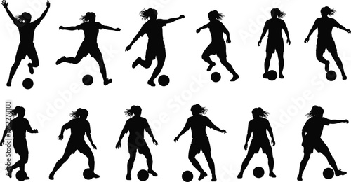 Soccer player silhouettes collection showing dribbling, kicking, and action poses with ball, black vector set isolated on white background for sports design projects