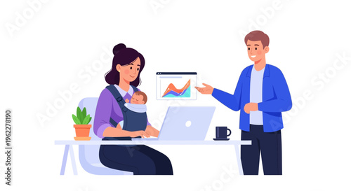 Working Mother Balancing Career & Childcare: Professional Woman with Baby Collaborating on Business Data Analysis with Colleague