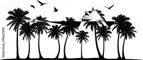 Tropical beach scene with palm tree silhouettes and flying birds, detailed black island landscape isolated for summer design, travel themes, and exotic illustration projects