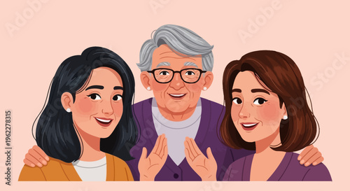 Smiling Multi-Generational Asian Family Illustration: Grandmother with Adult Daughters Showing Love & Support. Strong Female Bonds & Heritage.
