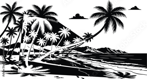 Tropical beach landscape with palm trees, ocean waves, and mountains, detailed black and white illustration isolated for summer design, travel themes, and scenic artwork