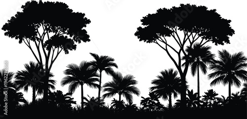 Tropical forest silhouettes with palm trees and dense jungle vegetation, detailed black nature landscape isolated for exotic design, rainforest themes, and botanical illustration projects