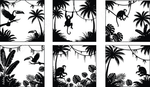 Tropical jungle scenes with monkeys, toucan birds, and palm trees, detailed black silhouette illustrations for exotic wildlife design, rainforest themes, and nature artwork