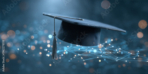 Cyber Education: Black Graduation Cap with Tassel, Illuminated by Digital Network