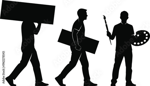 Black silhouette of professional artist progression carrying canvas board and holding paint brush with palette for creative art studio project and workshop concept