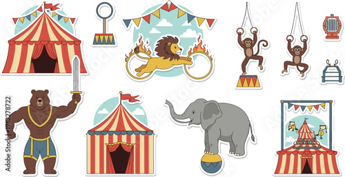 Circus and Performance Icon Set with Animals, Tent, Lion, Elephant, Bear, and Acrobats for Funfair and Entertainment Design