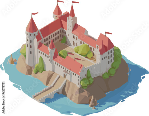 Isometric, medieval, castle, island, fortress, 3D, architecture, fantasy, kingdom, tower, water, bridge, historic, landmark, building, illustration, landscape, stronghold, scene, design