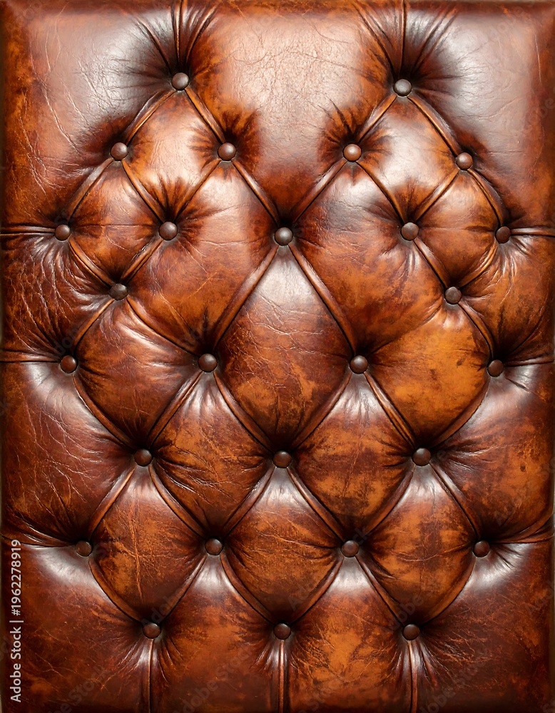 Obraz premium Close-up of a brown leather surface. Featuring a quilted pattern with button accents. Texture and natural variations are prominent