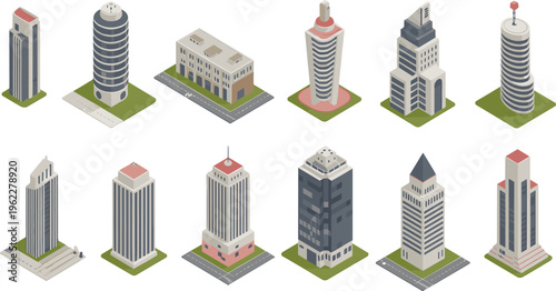 Isometric, modern, buildings, skyscrapers, office, architecture, 3D, city, urban, business, tower, commercial, skyline, realestate, design, illustration, set, collection, exterior, corporate