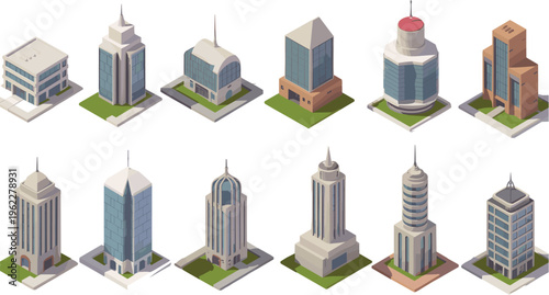 Isometric, modern, buildings, skyscrapers, office, architecture, 3D, city, urban, business, tower, commercial, skyline, realestate, design, illustration, set, collection, exterior, corporate