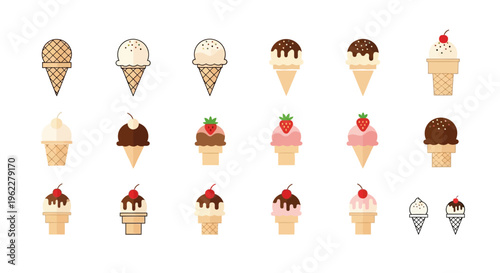 Illustration of various ice cream cones with different flavors and toppings in a row