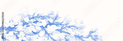 Stipple graphic background with blue cyanotype print effect. Lilac flowers silhouette overlay vector texture on white background. Asset for template, graphic design projects, artworks