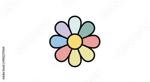 Colorful cartoon flower illustration with pastel petals and black outline on white backdrop