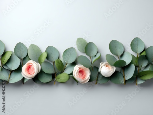 Delicate Floral Arrangement with Soft Pink Roses and Green Eucalyptus Leaves on Light Background