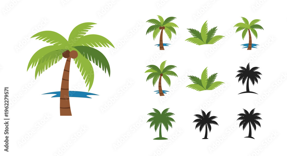 Fototapeta premium Stylized illustrations of tropical palm trees and foliage against a clean white background