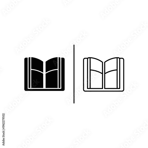 Open book icon set: solid and outline graphics with black and white