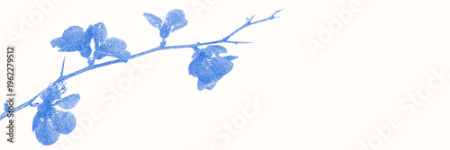 Blue cyanotype botanical background. Stipple dot overlay texture with flower and twig silhouette. Delicate indigo blue nature banner for template and graphic design project