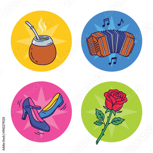 Argentine Tango Symbols - Mate, Accordion, Heels, Rose.