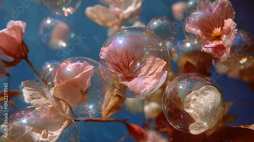 Dreamy Underwater Scene with Floating Petals and Bubbles, Serene Surrealism for Relaxation and Wellness Content.