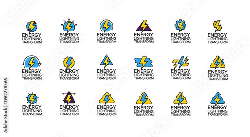Various lightning bolt logos with the words energy, lightning, and transform