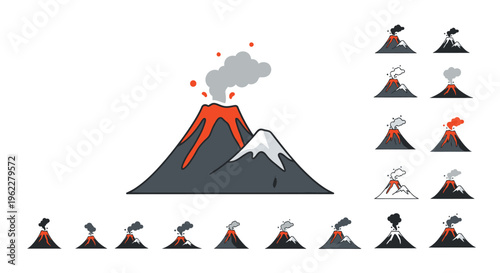 Volcanic eruption icon set, various styles of active volcanos for design elements and concept