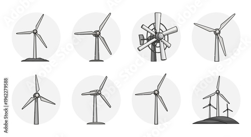 Illustrated collection of wind turbines in various perspectives and configurations.