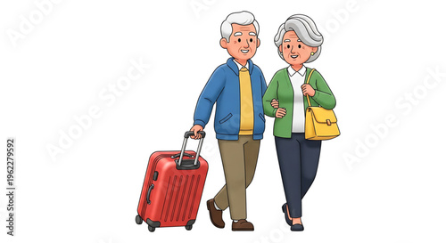 A smiling elderly couple walking together with a suitcase, ready for travel