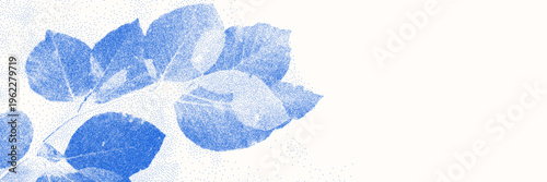 Cyanotype stipple overlay texture bg with birch leaves silhouettes. Vector soft blue wallpaper for template, graphic design projects, artworks