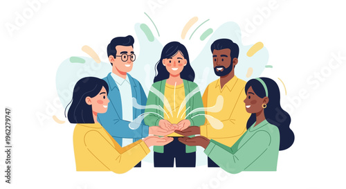 Diverse Team Collaboration and Idea Sharing with Glowing Synergy Illustration