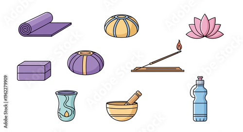 Yoga and meditation icons, simple line art illustrations for spiritual well-being
