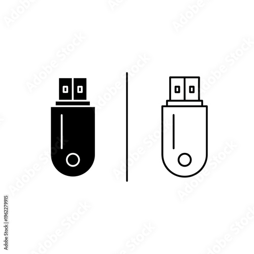 Usb flash drive icon: solid black and outline versions for storage with pen drive