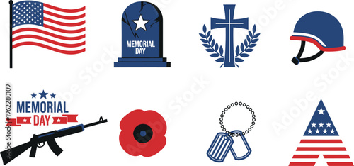 Memorial day vector icons set american patriotic symbols