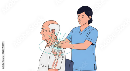A female healthcare professional providing a shoulder massage to an elderly man with highlighted anatomy.