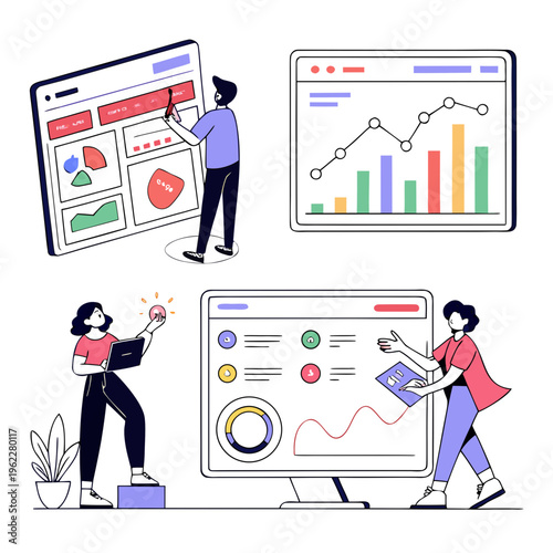 Vector illustration of people working with large computer monitors and analyzing data with graphs and charts on screens