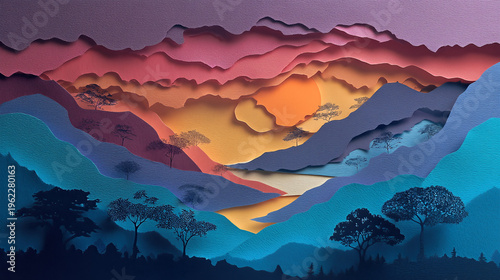 Colorful 3D Paper Cutout Landscapes with Shadow Gradients, Crafty and Creative Design