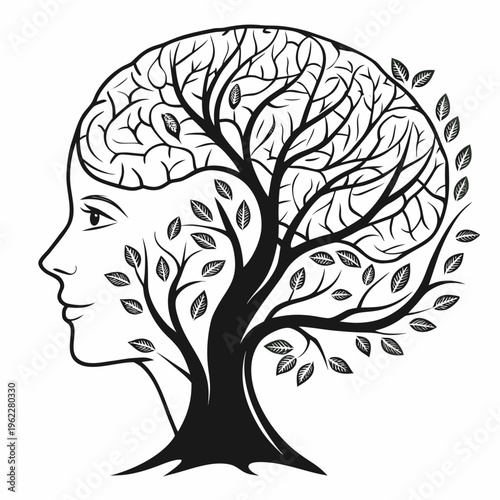 Black and white illustration of a womans head with a tree growing out of it, symbolizing growth and mental health