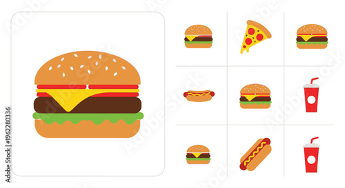 A vibrant assortment of fast food icons depicting various classic menu items for presentations