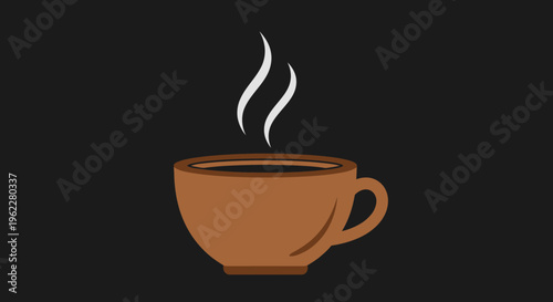 A warm beverage in a brown mug with rising steam against a dark background.