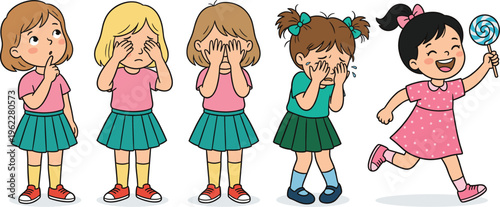 Cute Little Girls Emotions Illustration Set with Cartoon Kids Showing Feelings, Crying, Covering Eyes, and Happy Child Character for Education and Kids Design