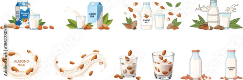 Almond Milk Vector Illustration Set – Dairy-Free Milk Splash, Glass, Bottle & Almonds Healthy Drink Collection