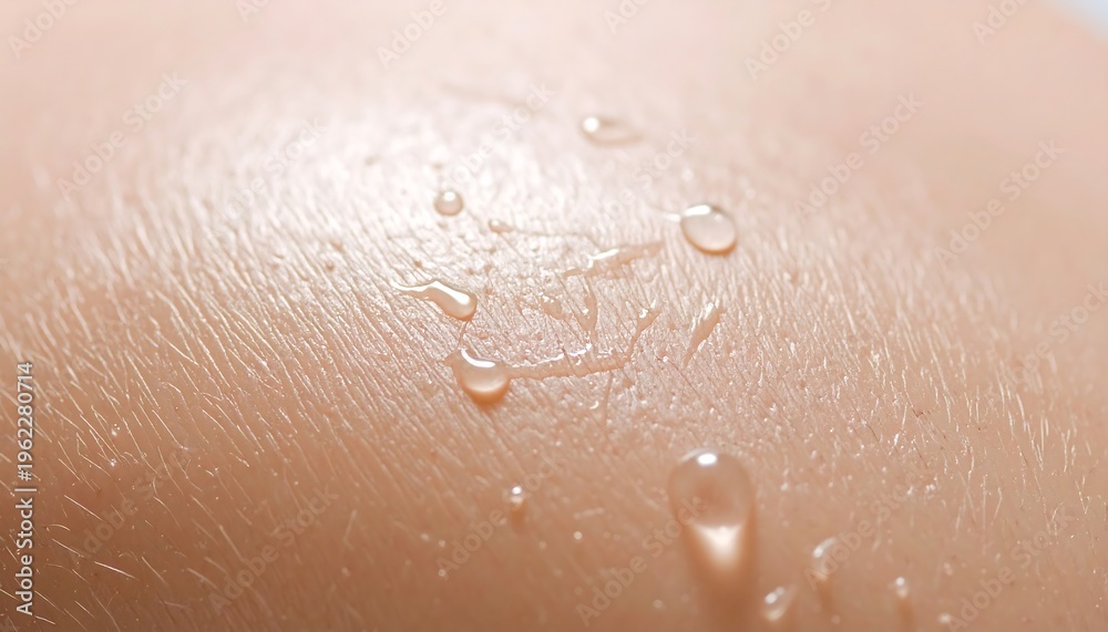 Fototapeta premium Close-up of radiant human skin with glistening water droplets, showcasing freshness, hydration, and natural moisture after a refreshing splash or during a moment of gentle perspiration