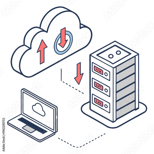 Cloud computing and data transfer illustration with server laptop