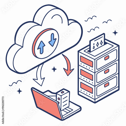 Cloud computing and data transfer illustration with laptop and server
