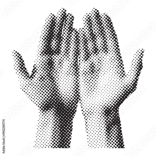 Monochromatic halftone graphic art illustration depicting two empty cupped hands in a receptive gesture isolated digitally