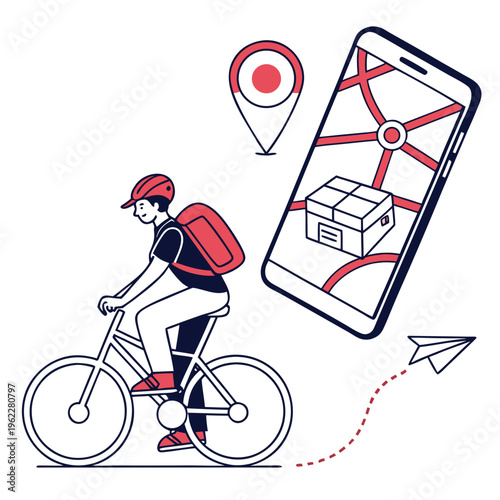 A delivery person riding a bicycle with a package on their back and a smartphone displaying a map with a package and location pin